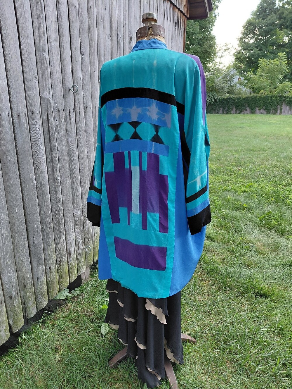 Vintage 80s Ann Caris Dunlap blue abstract print silk robe cardigan Womens M